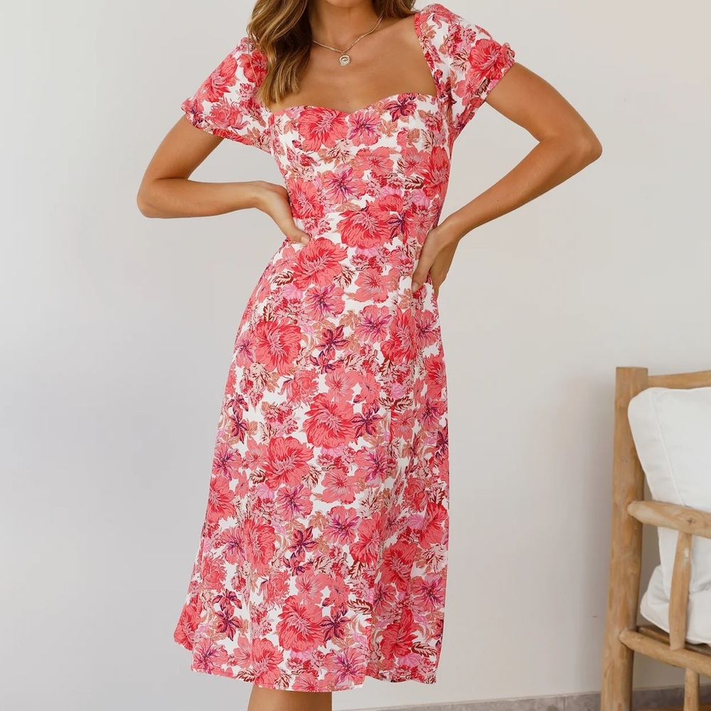 Hello Molly Flattering Floral Red and Pink Midi Dress